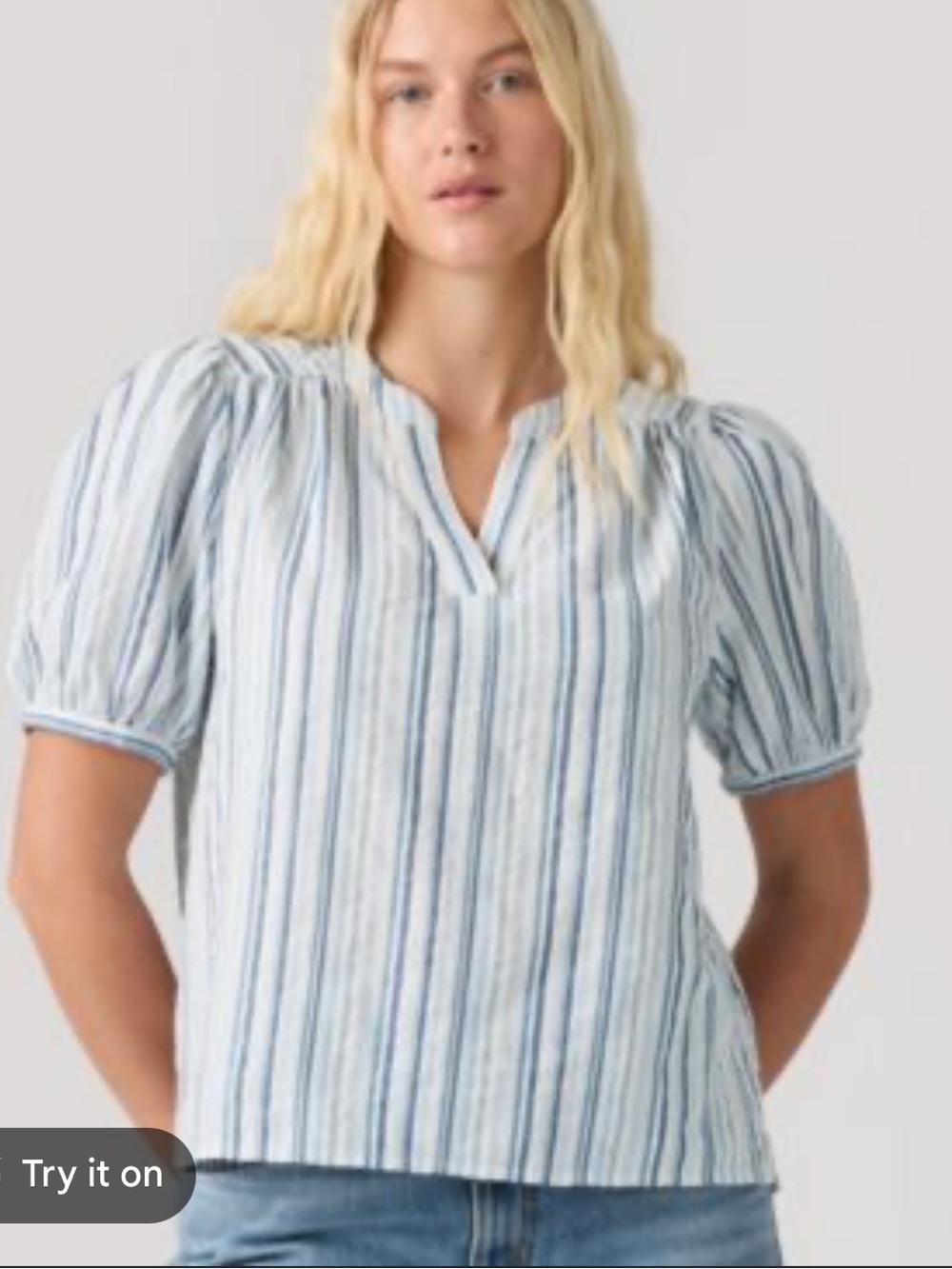 Levi's Striped Blue and White Cotton Poplin Puff-Sleeve Blouse